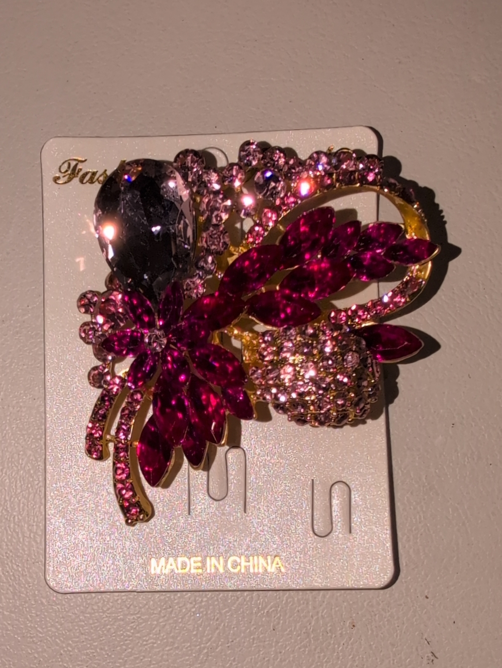 Rhinestone Floral Brooch in Fuchsia and Gold Tone